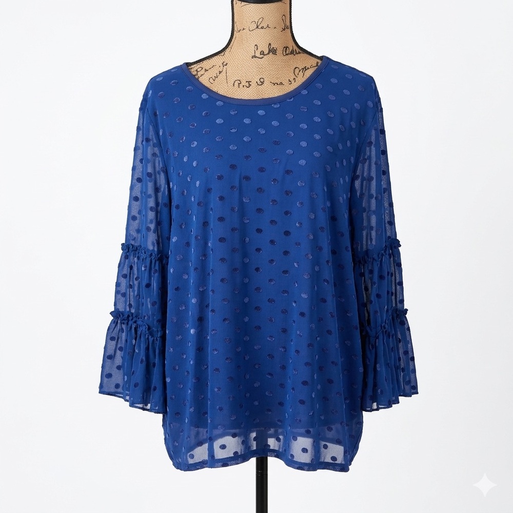 Lane Bryant NWT Blue Velvet Polka Dot Tiered Bell Sleeve Mesh Top sz. 26/28